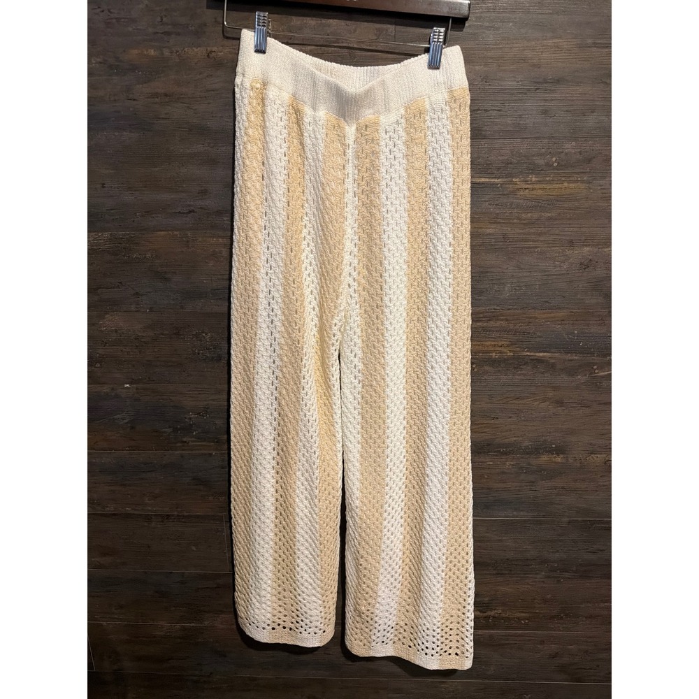 By Frankie Crochet Knit Wide Leg Pants Cream Tan Striped Boho Beach Size M/L